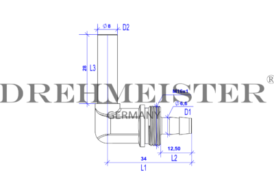 Technische Zeichnung von einem DREHMEISTER Winkelstück 90° Rohrstutzen 8mm für Flexleitung 8mm